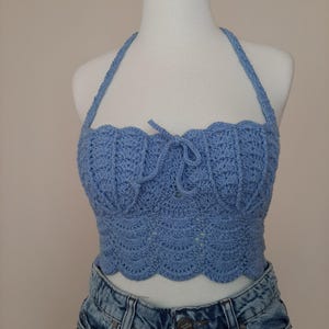 Handmade Crochet Mermaid Boho Bustier Top – Adjustable Straps – Fits EU 36/38 – Blue