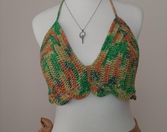 Handmade Crochet Boho Bustier Top – Adjustable Straps – Fits EU 36/38 – Orange/Green