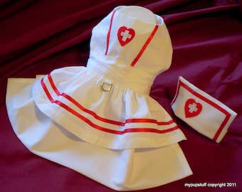 Nurse Dress and Hat Costume for Small Dogs. Sizes 6" - 16" length.  Handmade in USA.  Custom Fit Available.  Halloween Costume