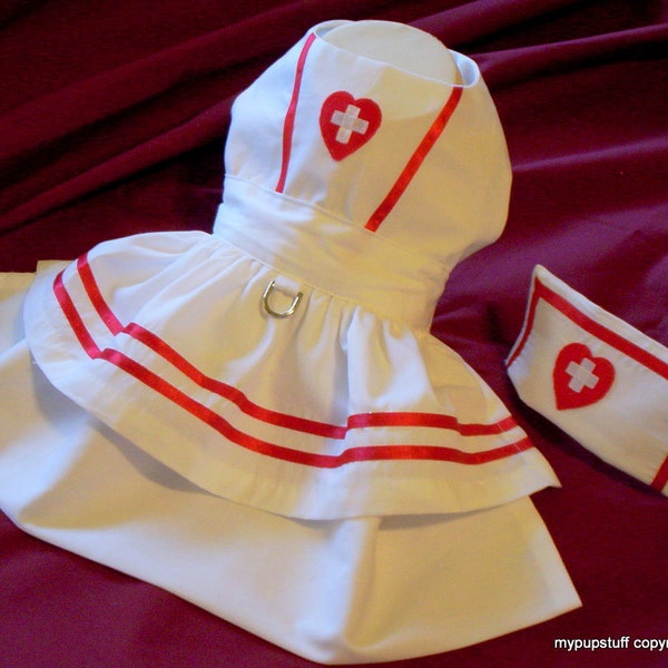 Nurse Dress and Hat Costume for Small Dogs. Sizes 6" - 16" length.  Handmade in USA.  Custom Fit Available.  Halloween Costume