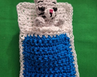 AmigurumI Crochet Kitty Cat in Sleeping Bag Playset. Tiny 3" mini cat With Bright Blue Sleeping Bag.  Handmade in USA