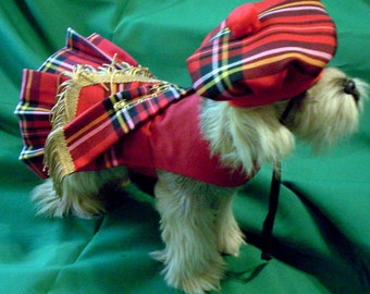 Red Royal Stewart Tartan Pet Kilt and Hat with Red Bodice XXXS-XXS-XS-S-M-L