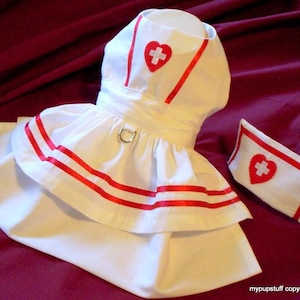 Nurse Dress and Hat Costume for Small Dogs. Sizes 6&quot; - 16&quot; length.  Handmade in USA.  Custom Fit.   Halloween Costume.  Therapy Dog Costume.