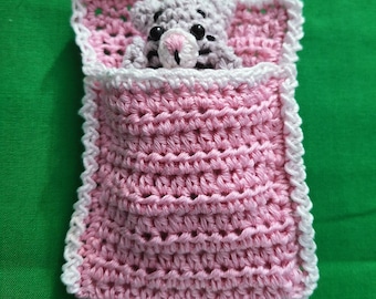 Amigurumi Stocking Stuffer - Tiny 3" Crochet Kitten in a Pink Blanket Play Set.   Pocket Pet Handmade in USA.  Cuddly Gift for any Child