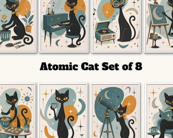 Atomic Cat Print Set of 8 | Mid-Century Black Cat Digital Art | Downloadable & Printable Files for Wall Art, Crafts and More