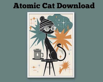 Atomic Cat Digital Download | Retro Mid Century Modern Wall Art | Printable Vintage Cat Design for Home Decor, T-Shirts & Crafts