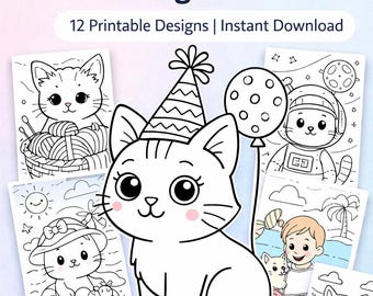 Cat Coloring Pages for Kids Printable | Cute Cat Coloring Pages | 12 Printable Designs | Kawaii Cat Activity Book | Instant Download PDF