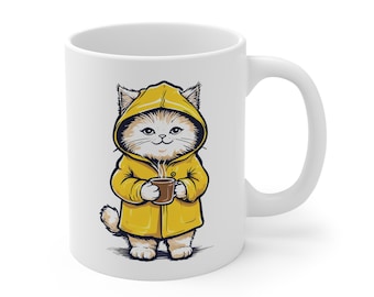 Cat Coffee Mug 11oz - White Ceramic Cup with Cute Kitty Drinking Coffee, Cat Lover Gift, Animal Tea Cup, Funny Kitty Mug, Cat Mom Present