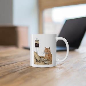 Mok kattenliefhebber, grappige kat met koffie en laptop, schattige kattenmok, grillige kattenmok, kattenliefhebber cadeau, mok kattendame, mok kattenvader, mok kattenvader, mok katten