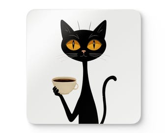 Atomic Cat Coaster Set - Unique Corkwood Beverage Mats, Cat Lover Gift, Retro Coasters, Mid Century Modern Decor, Fun Drink Coasters