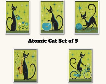Atomic Cat Print Set of 5 | Mid-Century Black Cat Digital Art | Downloadable & Printable Files for Wall Art, Crafts and More