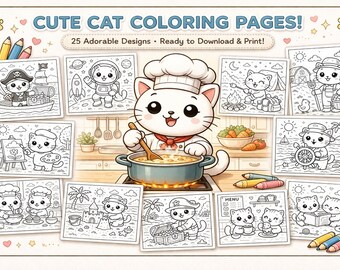 Cute Cat Coloring Pages, 25 Printable Cat Coloring Sheets, Instant Download PDF, Kawaii Animal Coloring Book, Kids & Adults Relaxing Pages
