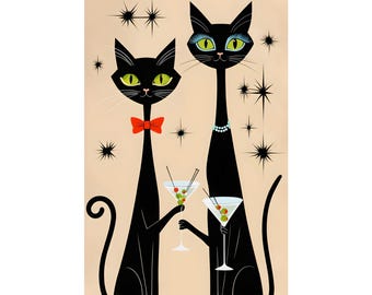 May include: A retro-style poster featuring two stylized black cats holding martini glasses. One cat wears a red bow tie, the other a pearl necklace. The background is beige with starburst accents, creating a vintage aesthetic.