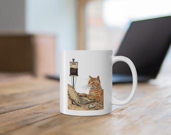 Cat Coffee Lover Mug, Funny Cat with Coffee and Laptop, Cute Cat Mug, Whimsical Cat Mug, Cat Lover Gift, Cat Lady Mug, Cat Dad Mug, Cat Mug