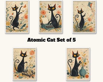 Atomic Cat Print Set of 5 | Mid-Century Black Cat Digital Art | Downloadable & Printable Files for Wall Art, Crafts and More