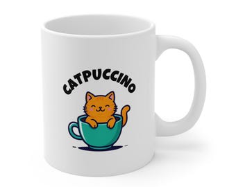 Cat Catpuccino Mug 11oz - Cute Cat Lover Gift, Funny Coffee Cup, Whimsical Animal Tea Mug, Cat Lover Present, Novelty Drinkware, Orange Cat