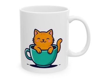 Cat Ceramic Mug, Coffee Lover Gift, Animal Coffee Cup, Cat Lover Mug, Cute Kitten Drinkware, Funny Cat Tea Mug, Cat Mom Gift, Gift for Cat