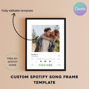 Könnte beinhalten: Ein schwarz gerahmter Druck mit einem Foto eines Paares und einer Spotify-Song-Oberfläche. Der Songtitel lautet "Perfect" von Ed Sheeran. Der Rahmen enthält den Text "Fully editable template" und "FREE 40+ SPOTIFY ICONS". Der Text unten lautet "CUSTOM SPOTIFY SONG FRAME TEMPLATE".