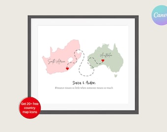 Fernbeziehung Landkarte Geschenk: Personalisierte Paar Kunst (Digitaler Download, Canva Vorlage)