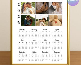 Calendario de fotos de pareja 2026 imprimible, calendario de recuerdos personalizado, regalo romántico, plantilla Canva (descarga digital)
