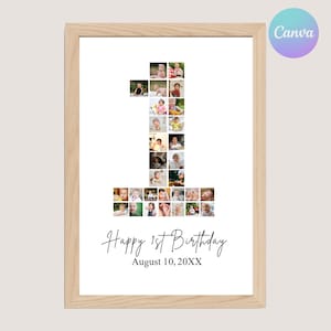 Könnte beinhalten: Gerahmter Druck mit einer Collage von Babyfotos, die die Zahl eins bilden. Der Text "Happy 1st Birthday" und das Datum stehen darunter. Der Rahmen ist hellbraun. Eine Feier zum ersten Geburtstag.