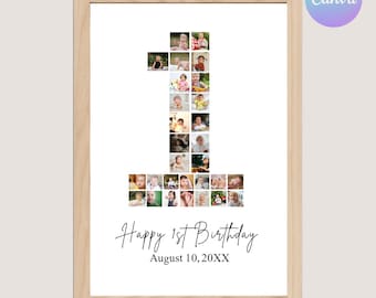 First Birthday Photo Collage Template: Editable Number 1 Design (Digital Download, Canva Access)