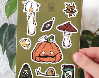 Halloween-sticker | A6-vinylstickervel | Pompoen | Paddenstoel | Kaars | Bladeren | Slak | Schedel