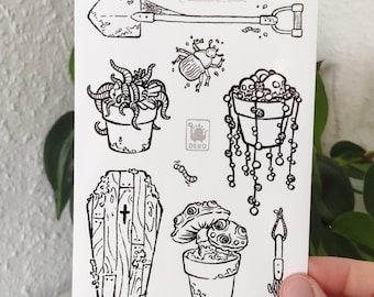 Doodskist | A6-vinylstickervel | Monsterplanten | Monster | Planten | Schop | Slak | Paddenstoel | Schedel