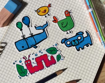 Kleurrijke dierensticker | Rups met bladeren | Hond | Kip en kuiken | Walvis met ballonnen | Stickers | Instellen | Herfst en zomer