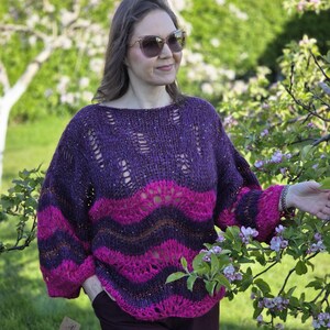 Handmade Knit Sweater - Oversized Purple and Pink Loose Fit Pullover, Cozy Summer/Fall/Spring/Winter Casual Wear, Unique Gift for Her