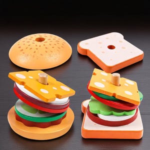 Wooden Burger Stacking Toy: Montessori Pretend Play Food