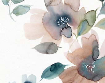 Mood Garden Floral | Watercolor Flowers | Modern Design | Indigo, Teal, Brown | Interior Decor | Wall Art | Art Print by Stephanie Ryan