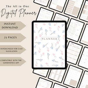 Może przedstawiać: Cyfrowy planer na tablecie, z kwiatowym wzorem różowych i niebieskich kwiatów na białym tle. Słowo "PLANNER" jest wyśrodkowane. Dodatkowe ekrany pokazują strony planowania. Tekst zawiera "The All in One Digital Planner", "Instant Download" i "71 Pages".