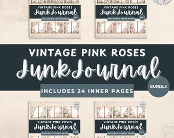 May include: A bundle of four vintage-style junk journals with pink rose designs. Each journal cover features a floral arrangement and the text "Vintage Pink Roses Junk Journal." The bundle includes 24 inner pages.