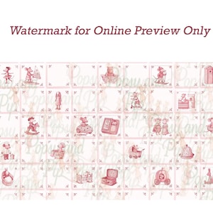 May include: A collection of pink and white illustrations featuring whimsical characters and objects. The images include mice, dolls, and toys, arranged in a grid pattern. The text "Watermark for Online Preview Only" is at the top.