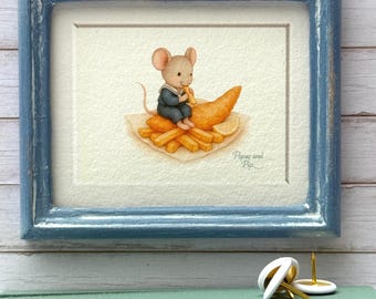Seaside Miniature – Fish & Chips by the Sea, Mouse Artwork in Blue Frame, 1:12 Scale Dollhouse Picture, miniature mouse house framed artwork