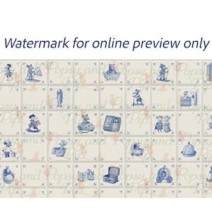 May include: A collection of ceramic tiles with blue and white illustrations of mice and toys. The tiles are arranged in a grid pattern, with each tile featuring a different design. The text "Watermark for online preview only" is at the top.
