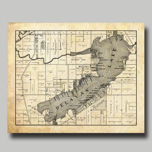 May include: An antique map of Lake Delavan, Wisconsin, in black and white. The map shows the lake's outline, surrounding land parcels, and the town's name. The map has a vintage, aged appearance with a beige background.