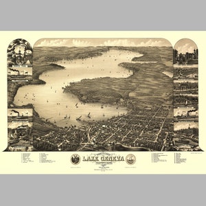 Lake Geneva - Wisconsin - Map - Poster - Print - Vintage - Panoramic - Bird&#39;s Eye - WI