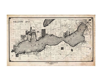 Lake Geneva - Williams Bay - Fontana - Wisconsin - Map - Poster - Print - Vintage - Grunge