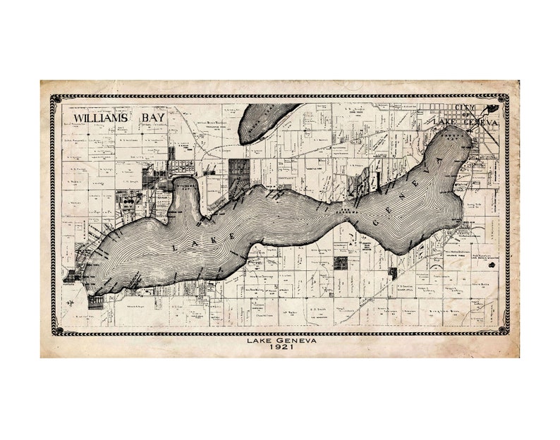 Lake Geneva Williams Bay Fontana Wisconsin Map Poster Print Vintage