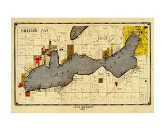 Lake Geneva - Williams Bay - Fontana - Wisconsin - Map - Poster - Print - Vintage -Color