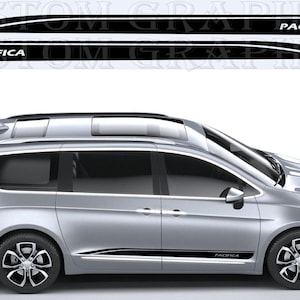 May include: Silver minivan with black and white side decals. The decals have the word "PACIFICA" in white lettering. The vehicle has black wheels with silver accents and a sunroof.
