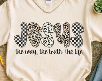 Jesus The Way The Truth The Life PNG, Leopard Print Checkered Christian Sublimation Design, Retro Jesus Leopard Print PNG, Faith Worship png