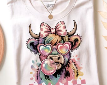 Coquette Highland Cow PNG, Cute Girly Cow Clipart with Pink Bow, Bubblegum Pastel Cow Clipart, Sublimation Designs for Shirts, Sublimation