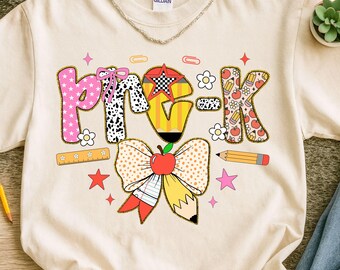 Preppy Pre-K Teacher PNG, Back to School Sublimation Design, PreK teacher coquette Png, Teacher appreciation, Preschool Teacher Shirt png