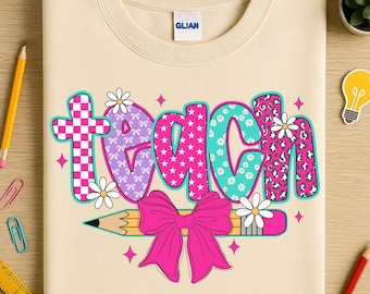 Preppy Teacher Floral Coquette Png, Retro Teacher Png, Teach Love Inspire Png, Checkered Teacher PNG, Teacher Sublimation Design, Teach png