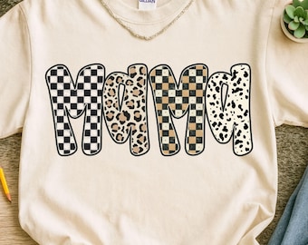 Retro Mama PNG, Leopardenmuster Mama Sublimationsdesign, kariertes Mama Shirt Design, Muttertag Png, Leopard karierte Buchstaben Sublimation