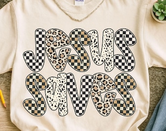 Jesus Saves PNG Christian Design, Religious Shirt Sublimation, Christian Shirt png Religious Design, Retro Leopard Checkered Christian PNG