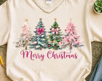 Pink Merry Christmas Png, Pink Christmas Trees PNG, Christmas Coquette Bow Png, Christmas Shirt Sublimation png, Merry and Bright Png Design